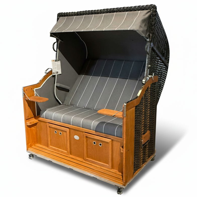 Strandkorb Sonnenpartner Modell Classic aus Holz lasiert mit anthrazit PVC-Geflecht und grau gestreiftem Dessin 198 Seiten 718
