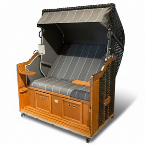 Strandkorb Sonnenpartner Modell Classic aus Holz lasiert mit anthrazit PVC-Geflecht und grau gestreiftem Dessin 198 Seiten 718