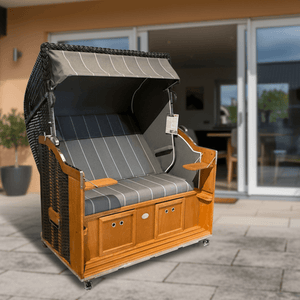 Strandkorb Sonnenpartner Modell Classic XL PVC-Geflecht anthrazit mit Holz, grau gestreifte Polsterung.