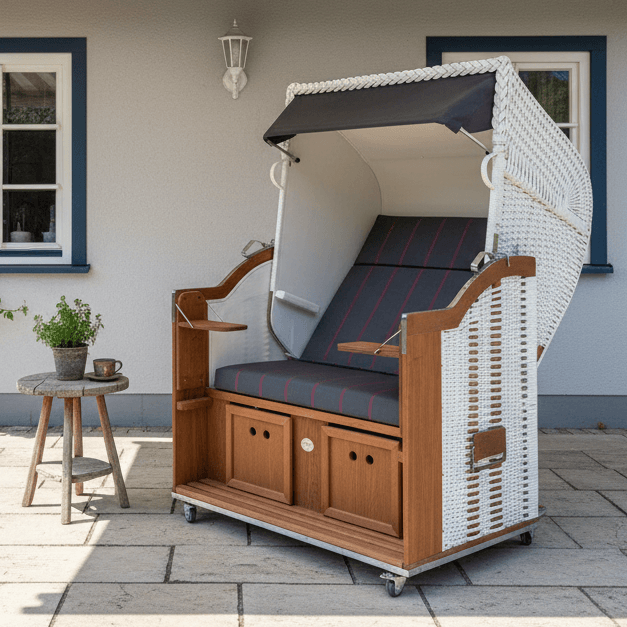 Strandkorb Sonnenpartner Modell Classic weißes Geflecht mit anthrazit Markise und Rollen auf Terrasse vor Hauswand