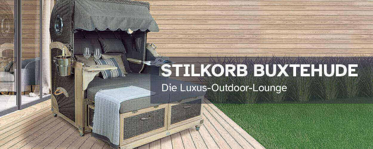 Strandkorb Lounge Stilkorb Buxtehude in anthrazit-silber, Luxus-Outdoor-Lounge mit Flaschenhalter und Champagnerkühler.