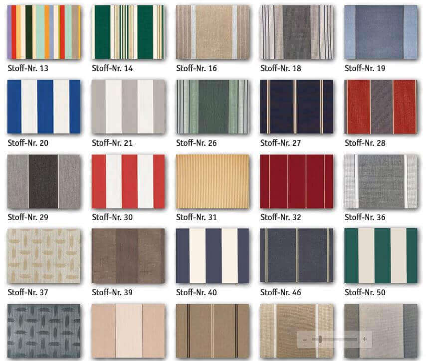 Markisenstoff und Polyesterstoff Auswahlen in verschiedenen Farben und Designs auf einer Stoffkarte