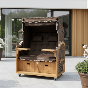 Strandkorb Prieß Modell Meister A121 aus Iroko Holz mit PE Geflecht cappuccino auf Terrasse, zweisitzig, wie abgebildet