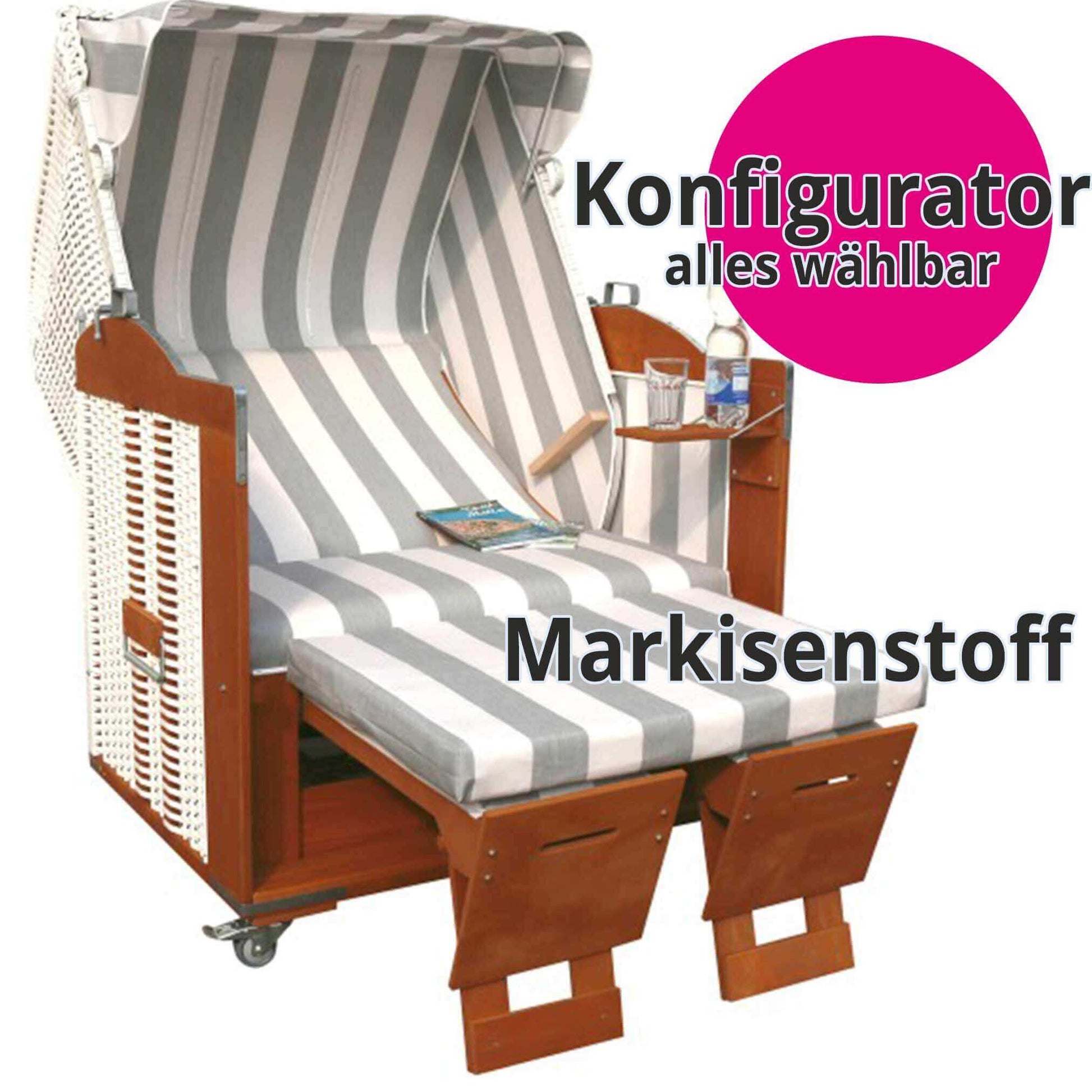 Eggers Strandkorb Standard mit Markisenstoff und Konfigurator für individuelles Design.