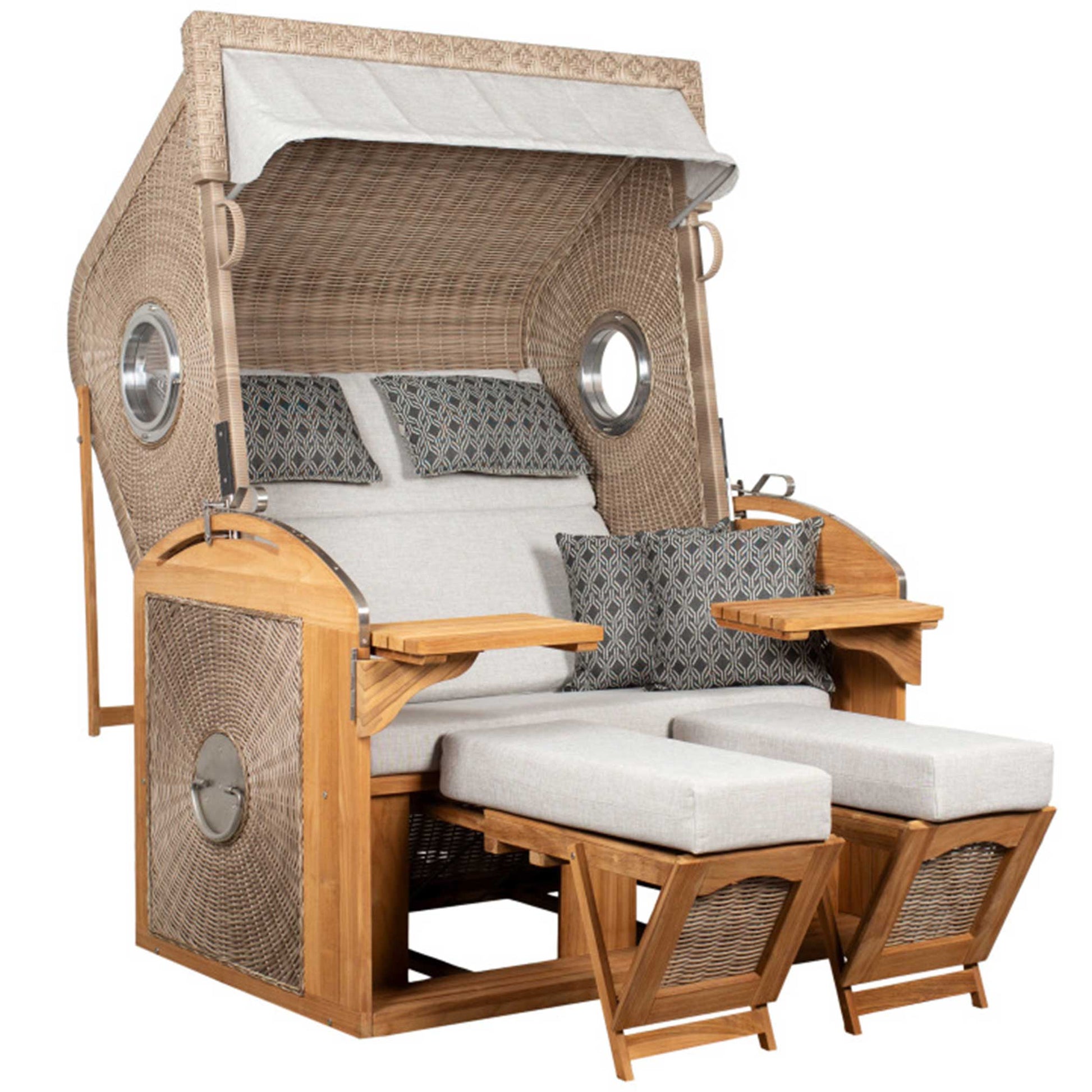 Strandkorb deVries Sailor PURE Teak XL PE white kubu Dessin 507 mit Bullaugen und Fußstützen, luxuriöser Strandkorb für zwei Personen