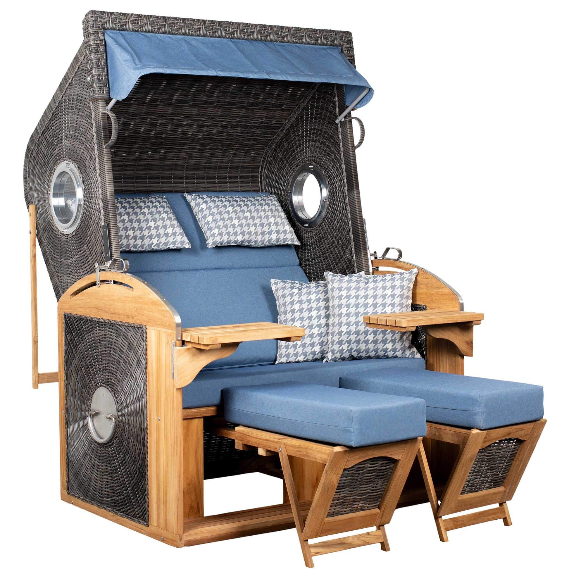 Strandkorb deVries Sailor PURE Teak XL PE stone-grey Dessin 509 mit Bullaugen und blauen Polstern