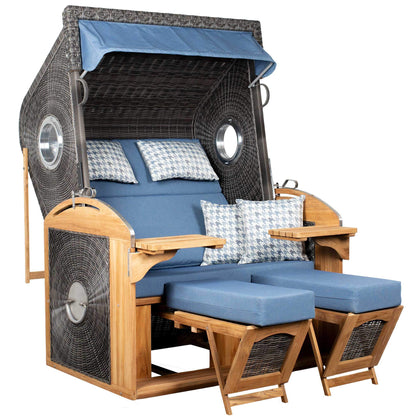 Strandkorb deVries Sailor PURE Teak XL PE stone-grey Dessin 509 mit Bullaugen und blauen Polstern