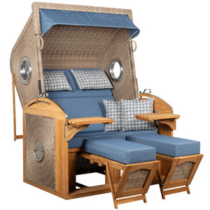 Strandkorb deVries Sailor PURE Teak XL PE white kubu Dessin 509 mit Bullaugen und blauen Polstern