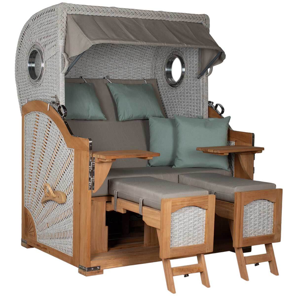 Strandkorb deVries Aruba XL Rope 15 mm ivory mit komfortabler Polsterung und Holzdetails.