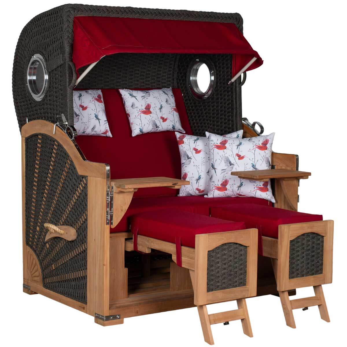 Strandkorb deVries Aruba XL Rope anthrazit mit roter Polsterung und Vogel-Dessin 107 für zwei Personen