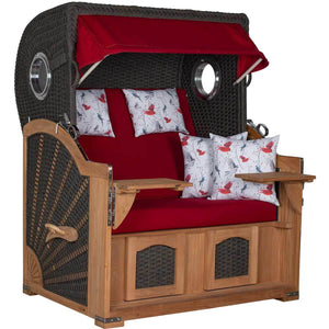 Strandkorb deVries Aruba XL Rope anthrazit mit roten Vogel-Kissen, komfortabler Luxus-Strandkorb für Garten und Terrasse