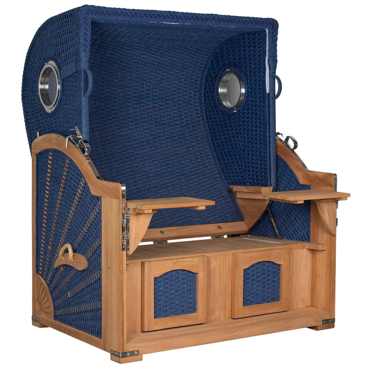 Strandkorb deVries Aruba XL Rope Kordel-Geflecht 15mm blau mit Holzrahmen und Klapptischen.