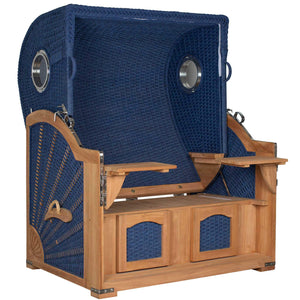 Strandkorb deVries Aruba XL Rope Kordel-Geflecht 15mm blau mit Holzrahmen und Klapptischen.