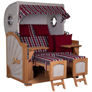 Strandkorb deVries Aruba XL Rope Kordel-Geflecht 15mm ivory mit rot kariertem Bezug und Holzgestell.