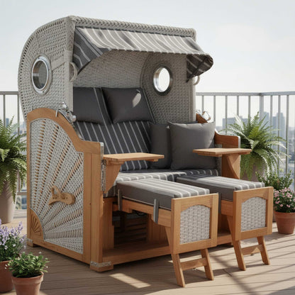 Strandkorb Aruba XL ivory mit Kordel-Geflecht und komfortablem Design auf einer Dachterrasse.