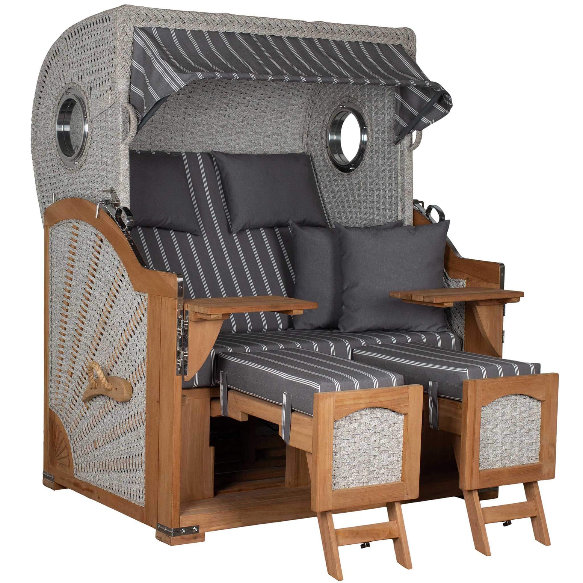 Strandkorb Aruba XL ivory mit Kordel-Geflecht, zwei Liegen und verstellbarem Dach.