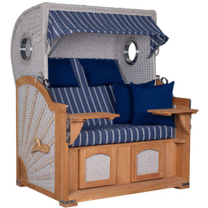 Strandkorb deVries Aruba XL Rope Kordel-Geflecht in ivory mit blauen Kissen und Sonnendach