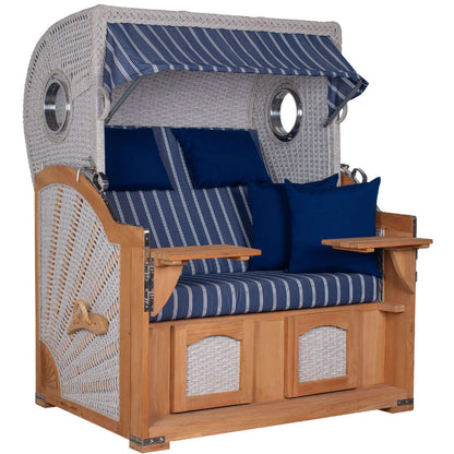 Strandkorb deVries Aruba XL Rope Kordel-Geflecht in ivory mit blauen Kissen und Sonnendach