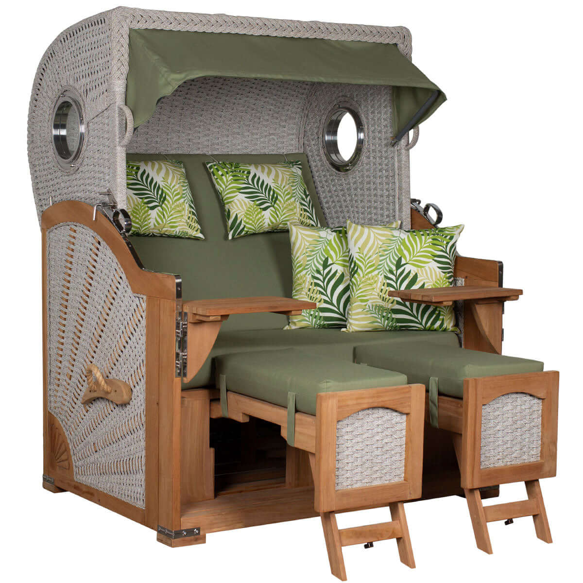 Strandkorb deVries Aruba XL mit Kordel-Geflecht in ivory und grünen Kissen im tropischen Design.