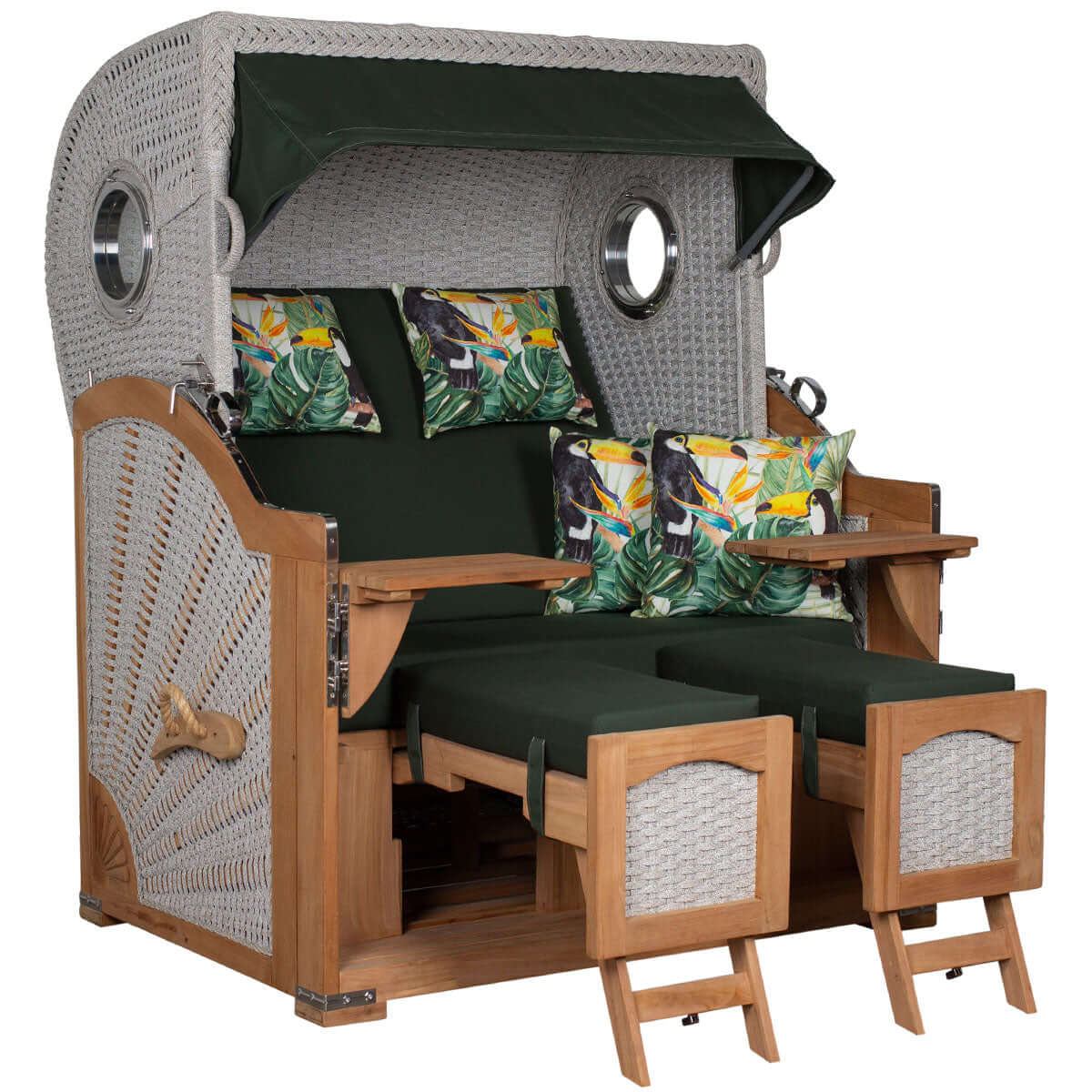 Strandkorb deVries Aruba XL Rope Kordel-Geflecht mit grünen Kissen und Holzstruktur für Komfort im Freien.