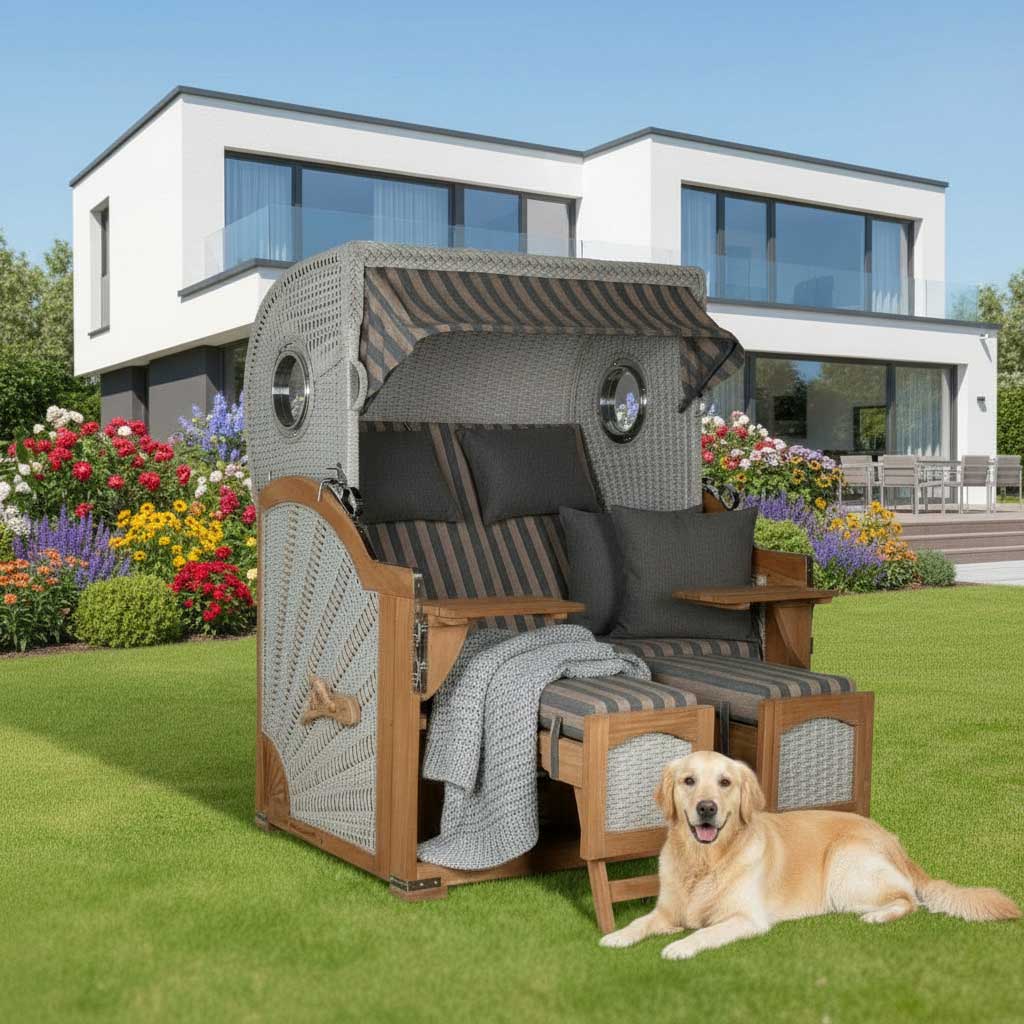 Strandkorb deVries Aruba XL mit Hund im Garten, modernes Design und komfortable Ausstattung.