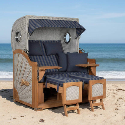 Strandkorb deVries Aruba XL Rope Kordel-Geflecht 15mm ivory am Strand mit Kissen und Klapptischen