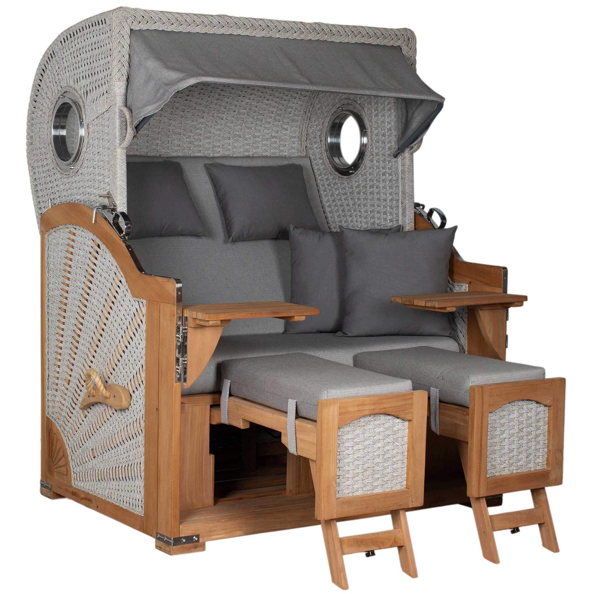 Strandkorb deVries Aruba XL Rope Kordel-Geflecht 15mm in ivory mit gemütlichen Kissen und Holzdetails