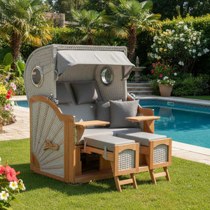 Strandkorb deVries Aruba XL Rope Kordel-Geflecht 15mm ivory am Pool mit komfortablen Kissen und Sonnendach