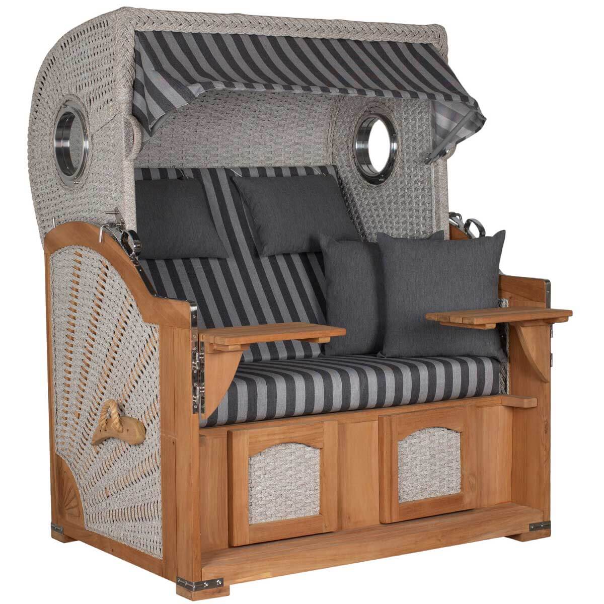 Strandkorb deVries Aruba XL Rope Kordel-Geflecht 15mm ivory mit gestreiften Kissen und Sonnenschutz.