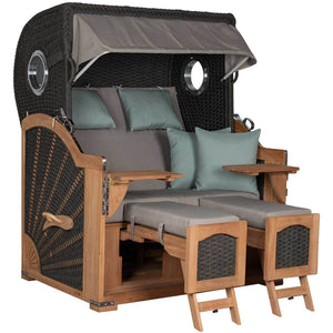 Strandkorb deVries Aruba XL Rope anthrazit Dessin 483 mit Holzgestell, verstellbaren Fußstützen und grauen Polstern