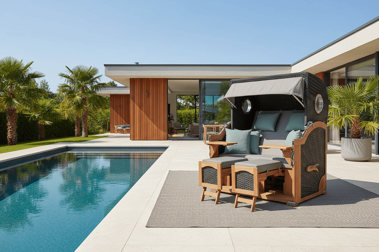 Strandkorb deVries Aruba XL Rope anthrazit Dessin 483 auf moderner Poolterrasse vor Designhaus mit Palmen