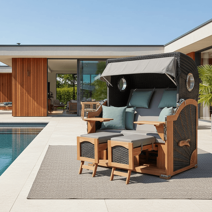 Strandkorb deVries Aruba XL Rope anthracite Dessin 483 am Pool in modernem Garten, komfortabler Luxus-Strandkorb