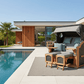 Strandkorb deVries Aruba XL Rope anthrazit Dessin 483 auf moderner Poolterrasse vor Designhaus mit Palmen