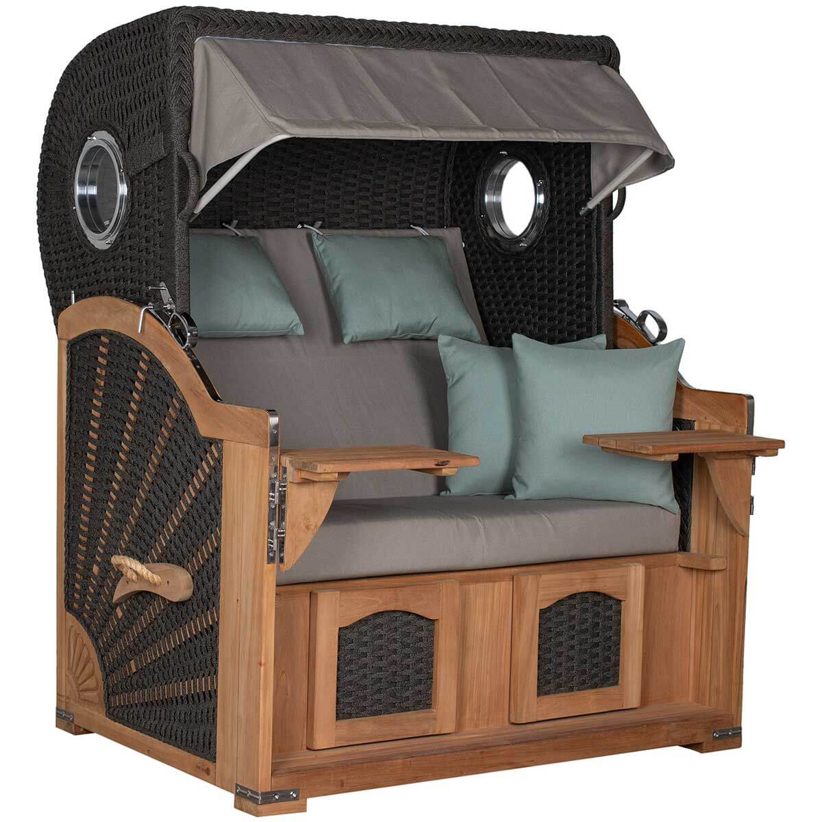 Strandkorb deVries Aruba XL Rope anthrazit mit Kordel-Geflecht, Holzgestell und grauen Polstern Dessin 483