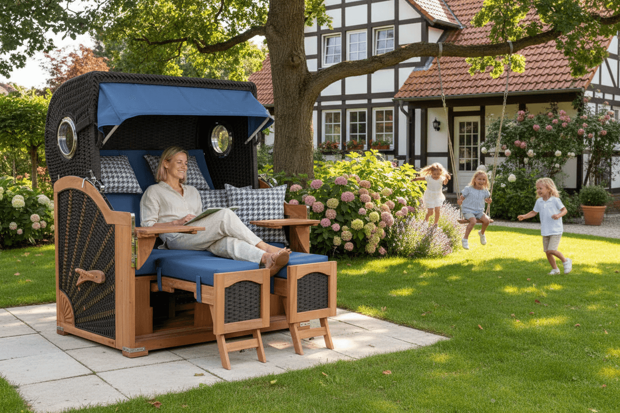 Strandkorb deVries Aruba XL Rope anthrazit Dessin 509 im Garten, Frau entspannt, Kinder spielen auf Rasen vor Landhaus