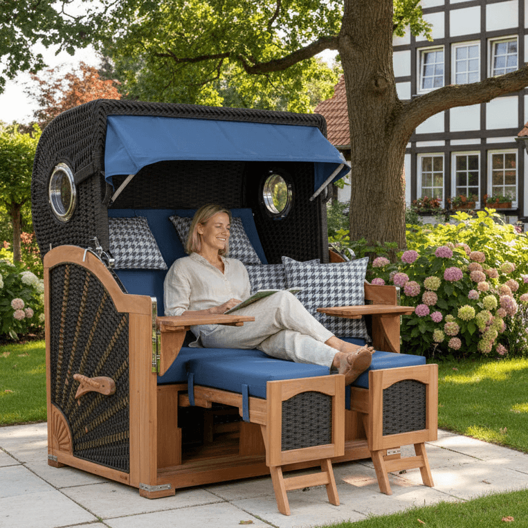 Strandkorb deVries Aruba XL Rope anthrazit Dessin 509 mit Fußstützen im Garten, Frau entspannt im komfortablen Strandkorb