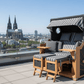 Strandkorb deVries Aruba XL Rope anthrazit Dessin 254 grau auf Dachterrasse mit Blick über Köln Innenstadt