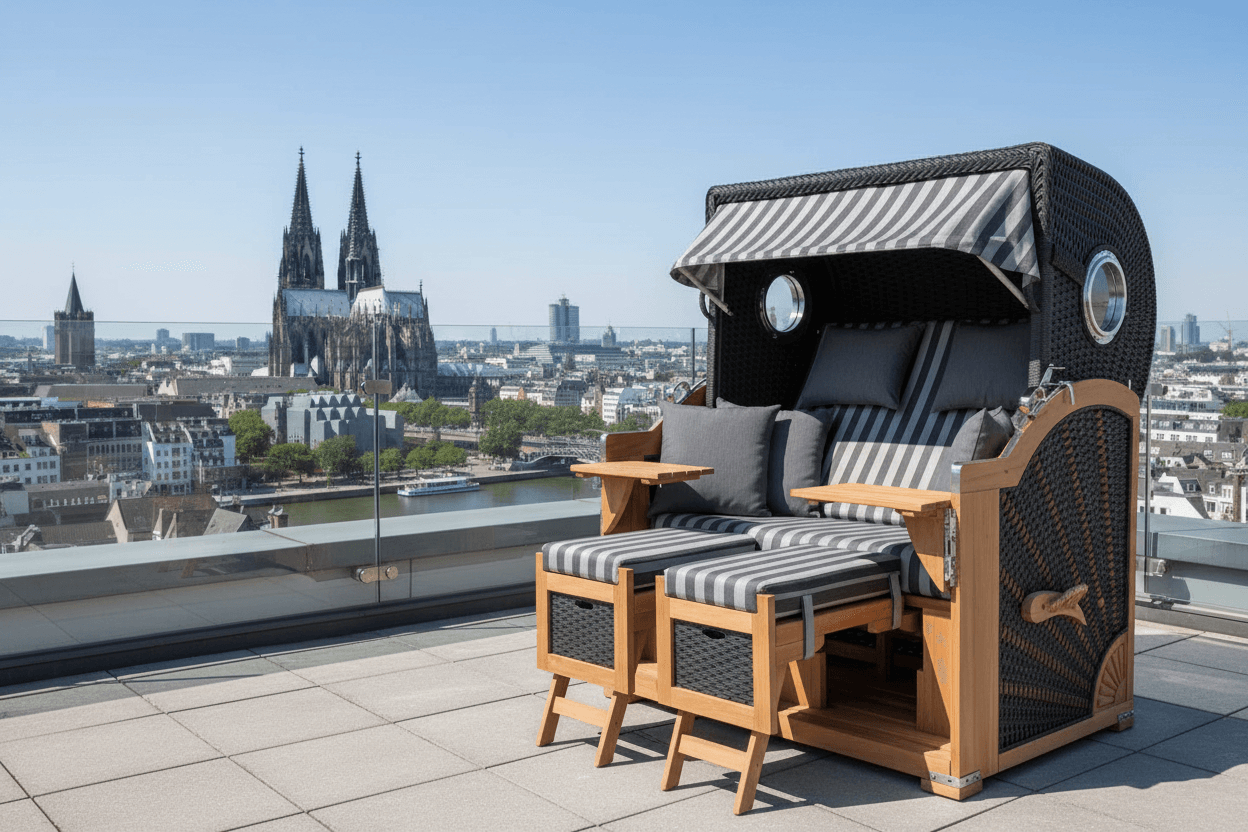 Strandkorb deVries Aruba XL Rope anthrazit Dessin 254 grau auf Dachterrasse mit Blick über Köln Innenstadt
