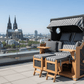 Strandkorb deVries Aruba XL Rope anthrazit Dessin 254 grau auf Dachterrasse mit Blick über Köln Innenstadt