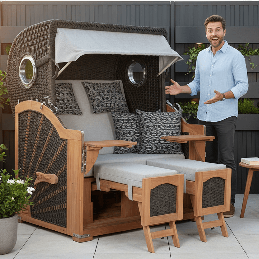 Strandkorb deVries Aruba XL Rope anthrazit Dessin 507 mit Mann im Garten, extrabreit mit Fußstützen und Kordel-Geflecht