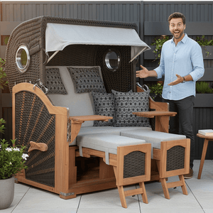 Strandkorb deVries Aruba XL Rope anthrazit Dessin 507 mit Mann im Garten, extrabreit mit Fußstützen und Kordel-Geflecht