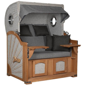 Strandkorb Aruba XL Geflecht grau mit abnehmbarem Dach und komfortablen Kissen zum Entspannen im Freien.