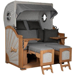 Strandkorb Aruba XL Geflecht grau mit Kissen und Sonnendach, ideal für entspannte Sommermomente.