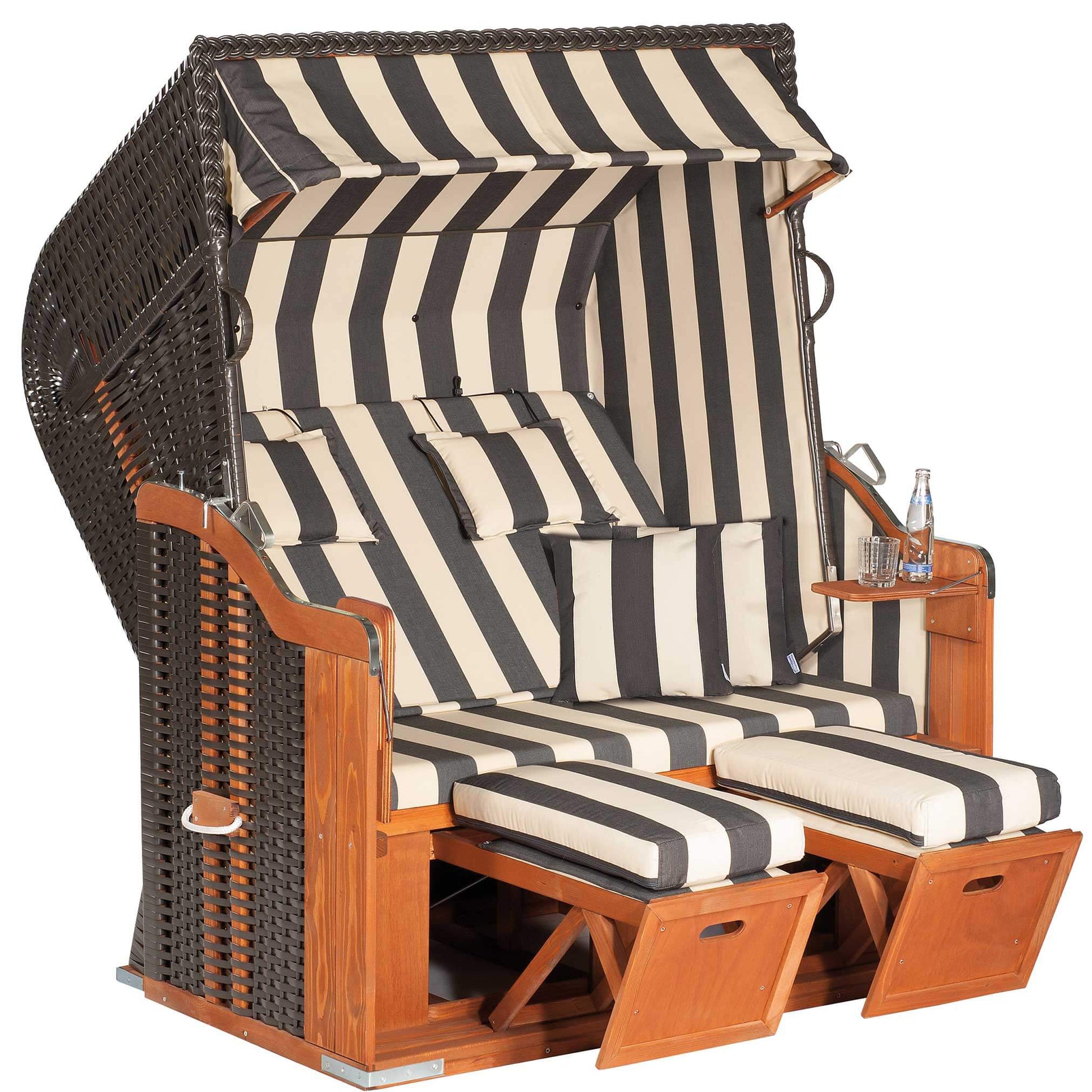 Strandkorb SunnySmart Rustikal 250 XL Plus anthrazit mit gestreiftem Polster Dessin 1180 anthrazit beige weiß und ausziehbaren Fußstützen