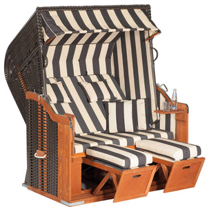 Strandkorb SunnySmart Rustikal 250 XL Plus anthrazit mit gestreiftem Polster Dessin 1180 anthrazit beige weiß und ausziehbaren Fußstützen