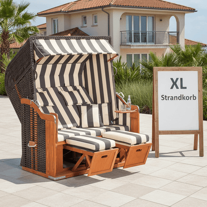 Strandkorb SunnySmart Rustikal 250 XL Plus in anthrazit mit Dessin 1180 anthrazit beige weiss vor Ferienhaus auf Terrasse