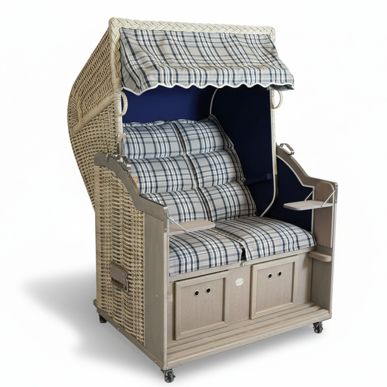 Strandkorb Sonnenpartner Classic PE antik-weiß mit silber-grau lasiertem Holz und taupe-blau kariertem Dessin 702