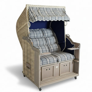 Strandkorb Sonnenpartner Classic PE antik-weiß mit silber-grau lasiertem Holz und taupe-blau kariertem Dessin 702