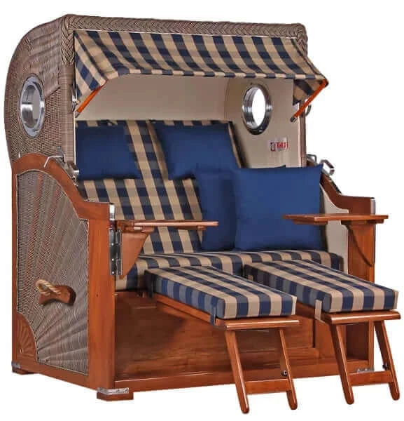 Strandkorb Baltikum Bullaugen Mahagoni Geflecht PE grey 2,5 Sitzer XL Dessin 507 mit komfortablen Polstern