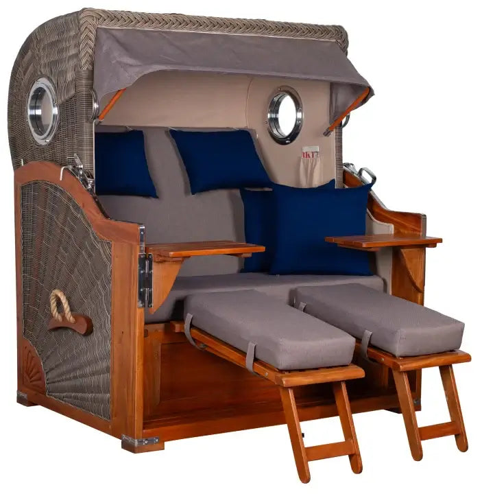 Strandkorb Baltikum Bullaugen Mahagoni Geflecht PE grey 2,5 Sitzer XL Dessin 589 mit Komfortpolsterung